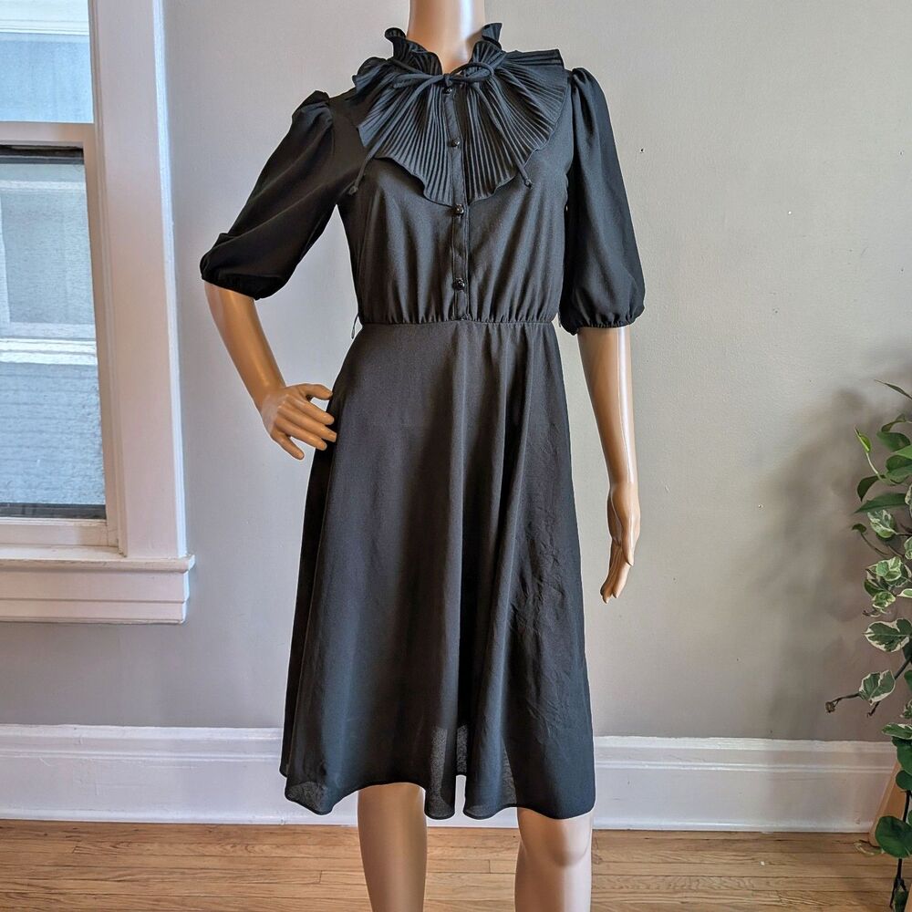 Vintage 80s Promises Promises Black Midi Dress Ruffle Collar Victorian Size 8